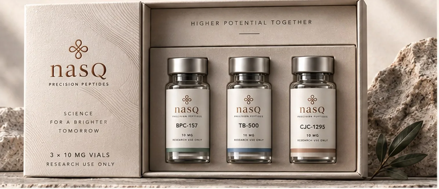 nasQ presentation box with three silver-capped vials in a fitted tray